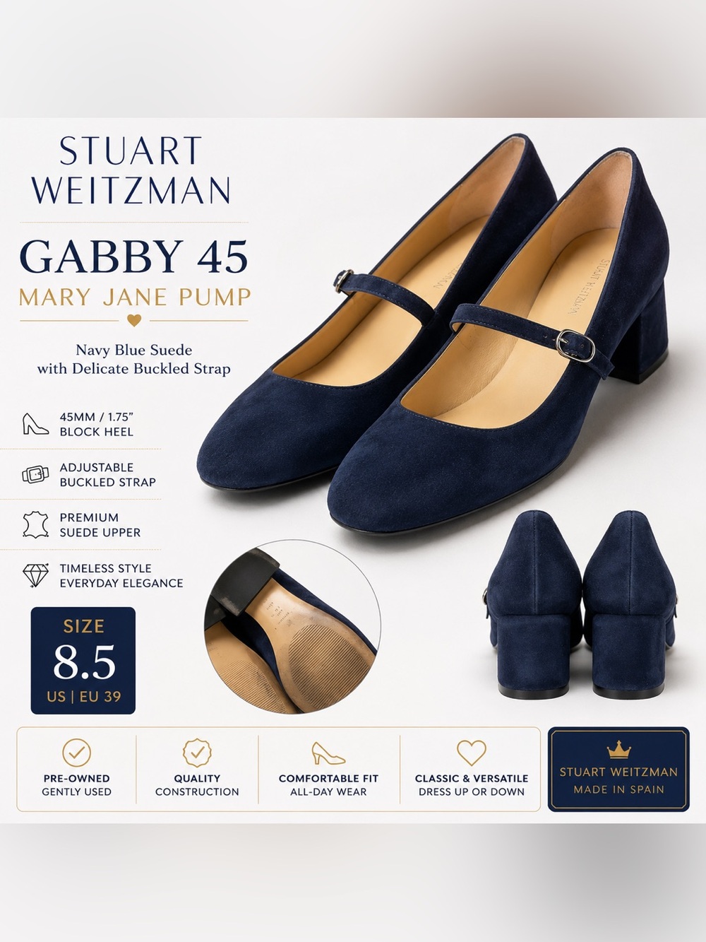 Stuart Weitzman Gabby 45 Mary Jane Pumps Navy Blue Suede Women’s 8.5